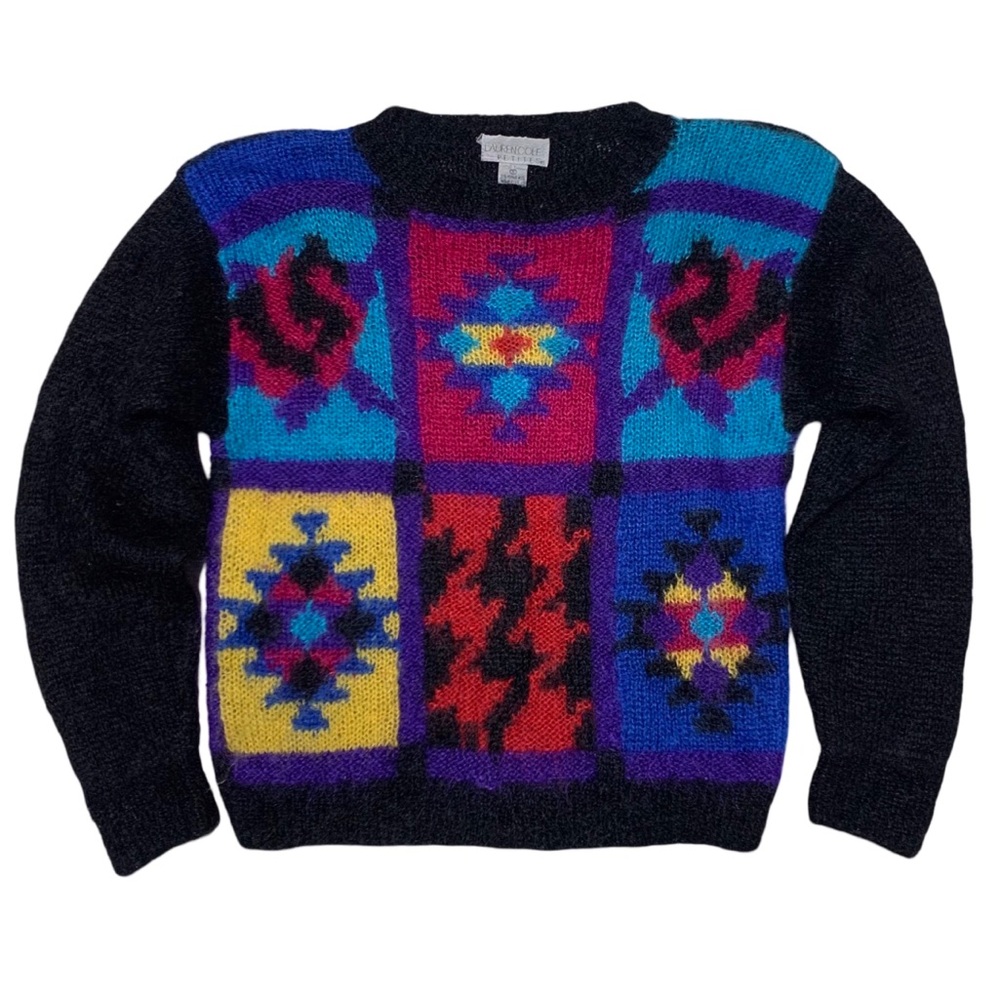 Lauren Cole Vintage Petite Wool Mohair Acrylic Colorful Crew Neck Sweater Size S